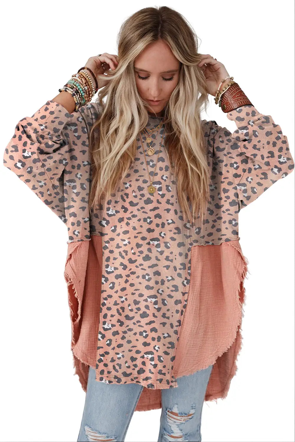 Gray raw edge leopard patchwork oversized blouse - blouses & shirts