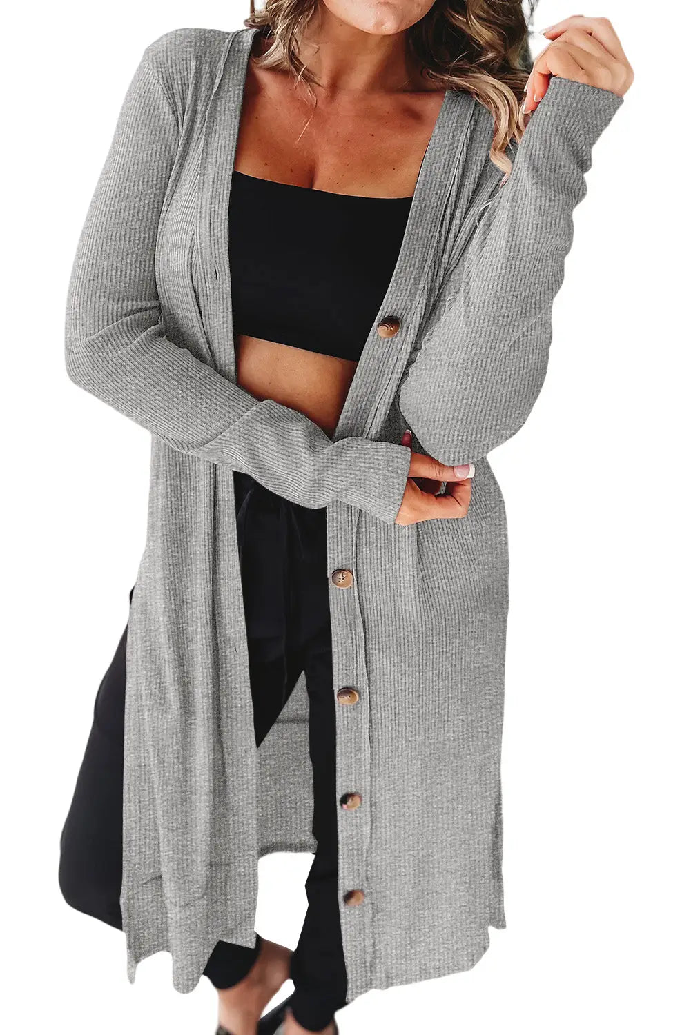 Gray ribbed button-up split duster cardigan - sweaters & cardigans