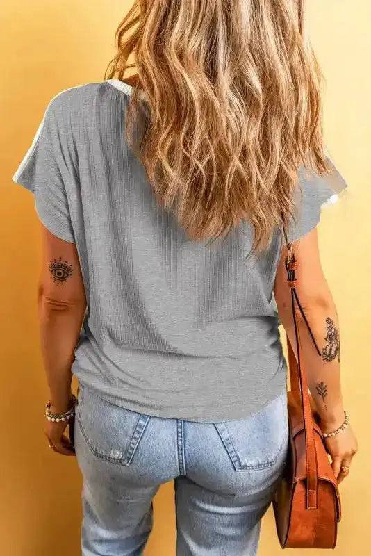 Back view of Grey Ribbed Colour Block Patchwork T-Shirt showing round neckline and 95% cotton short sleeve fit — Fashionfitz