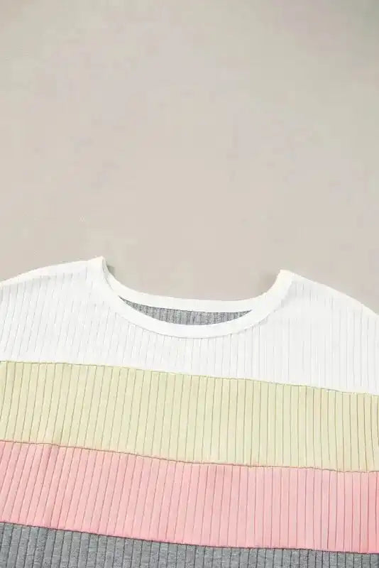 Close-up of Grey Ribbed Colour Block Patchwork T-Shirt showing ribbed texture and colour block panel arrangement — Fashionfitz