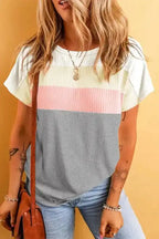 Gray Ribbed Color Block Patchwork T-shirt - Fashionfitz
