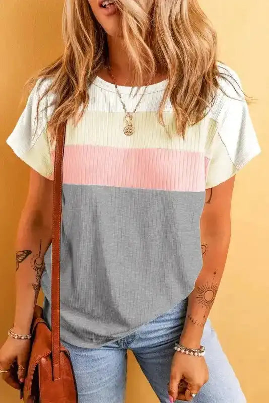 Side view of Grey Ribbed Colour Block Patchwork T-Shirt showing colour block seam detail and ribbed construction — Fashionfitz