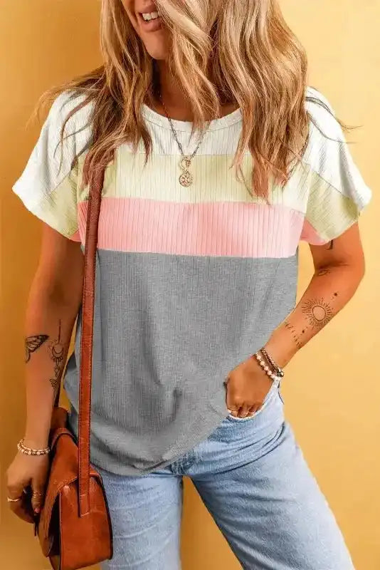 Gray Ribbed Color Block Patchwork T-shirt - Fashionfitz