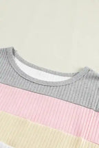 Gray Ribbed Color Block Patchwork T-shirt - Fashionfitz