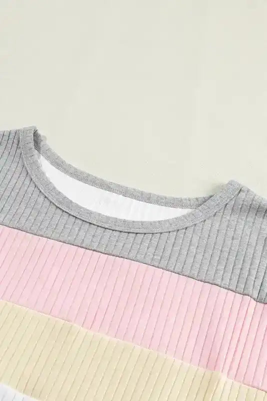 Gray Ribbed Color Block Patchwork T-shirt - Fashionfitz