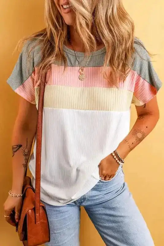 Gray Ribbed Color Block Patchwork T-shirt - Fashionfitz