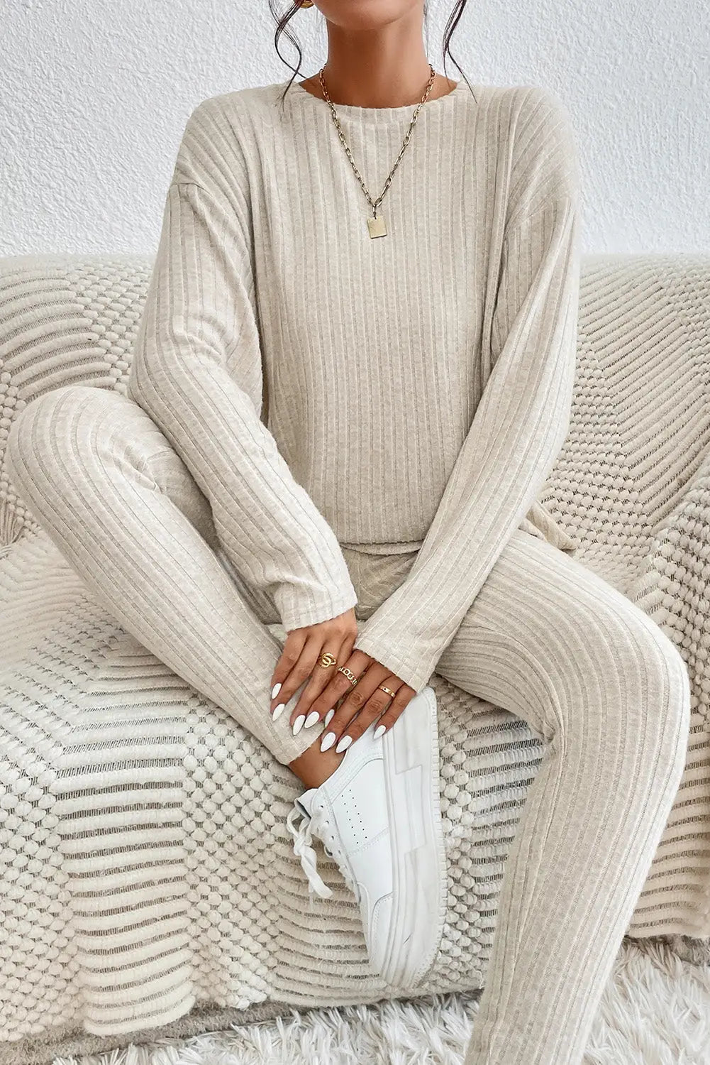 Gray ribbed knit slouchy hoodie wide leg pants set - apricot / s / 95% polyester + 5% elastane - loungewear