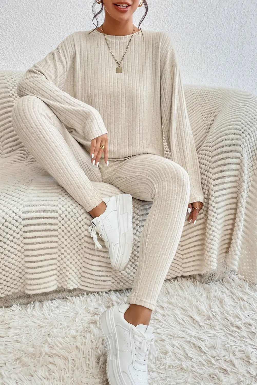 Gray ribbed knit slouchy hoodie wide leg pants set - loungewear