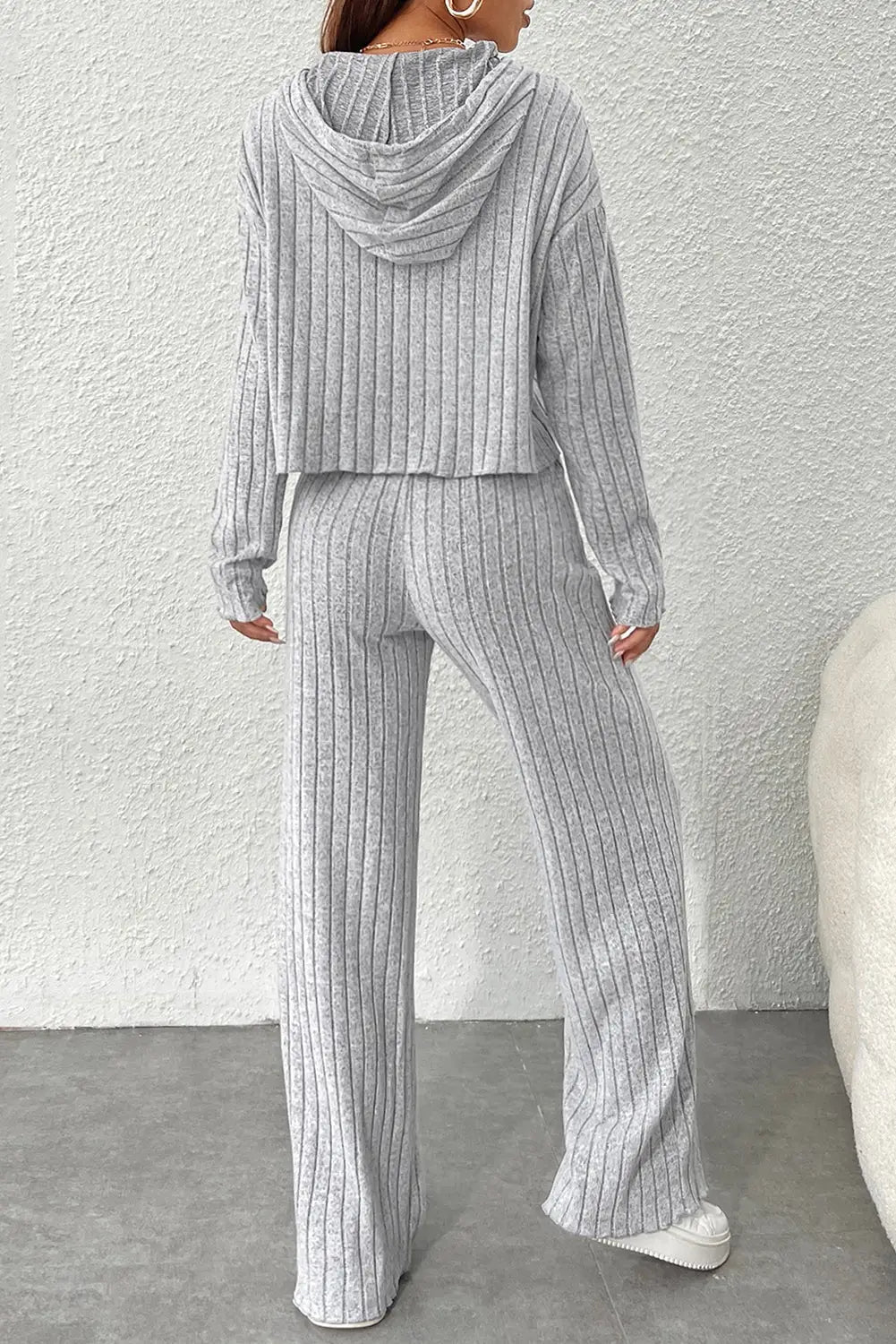 Gray ribbed knit slouchy hoodie wide leg pants set -