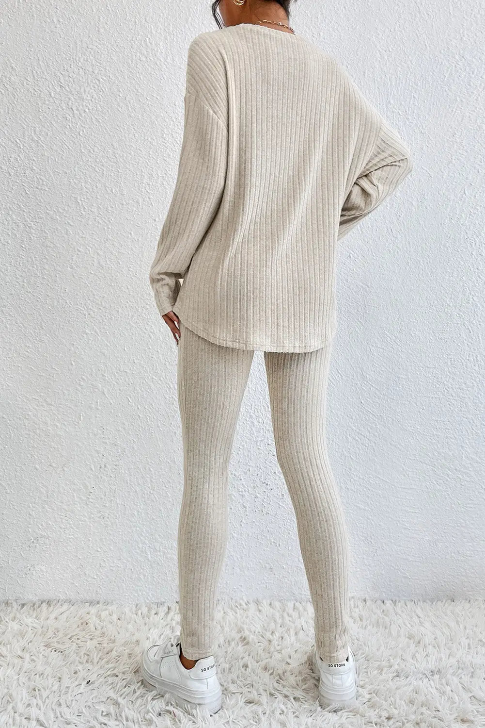Gray ribbed knit slouchy hoodie wide leg pants set - loungewear