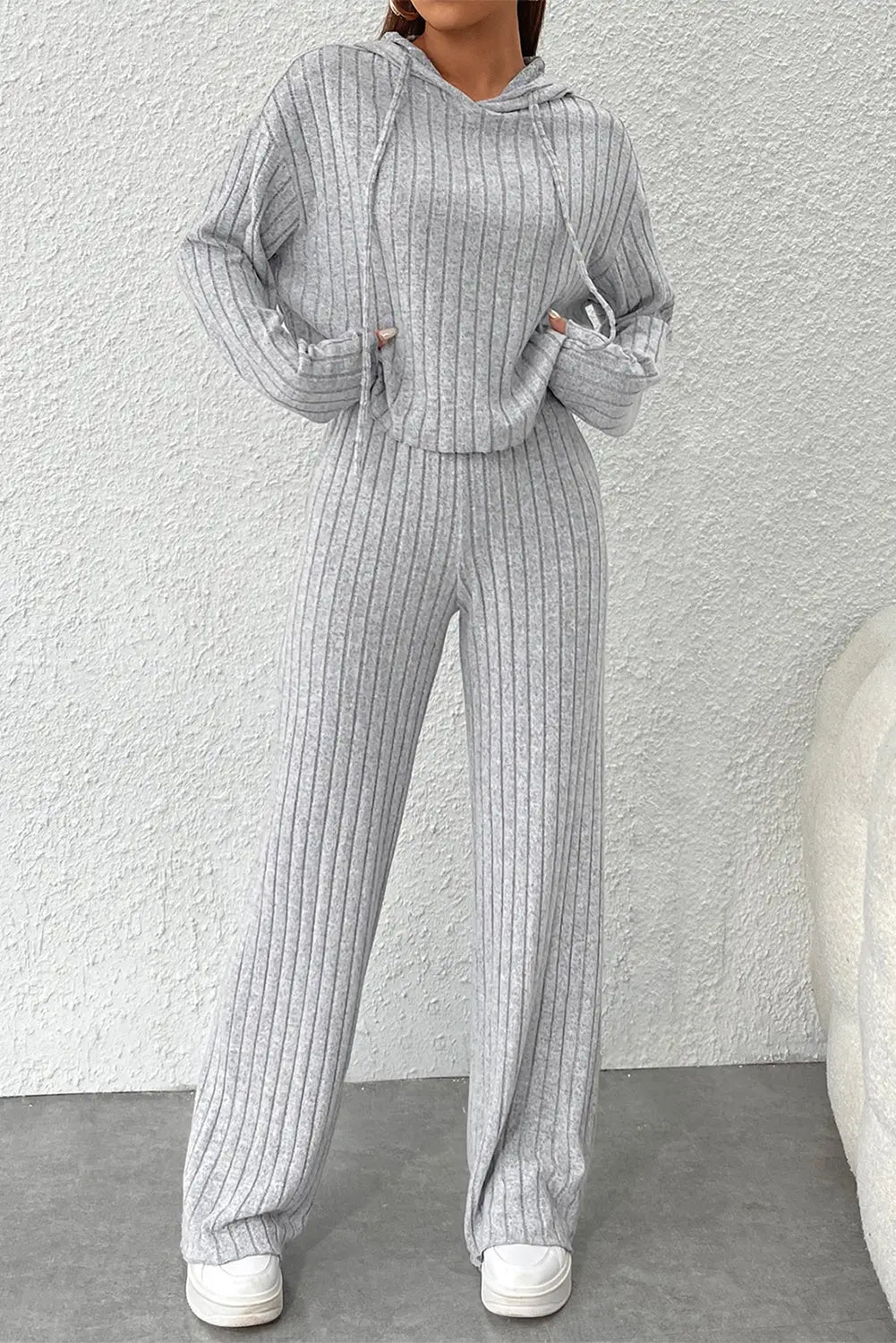 Gray ribbed knit slouchy hoodie wide leg pants set - s / 95% polyester + 5% elastane - loungewear