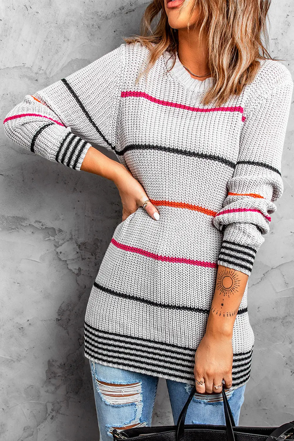 Gray ribbed knit striped sweater - sweaters & cardigans