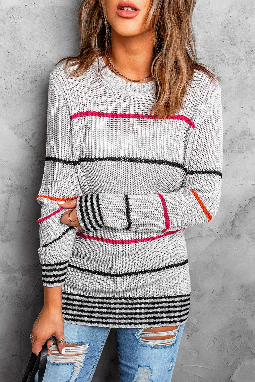 Gray ribbed knit striped sweater - sweaters & cardigans