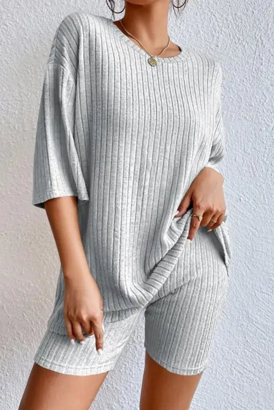 Gray ribbed lounge set - loose fit two piece - s / 95% polyester + 5% elastane - shorts sets