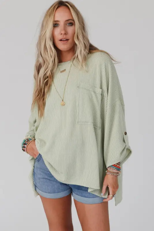 Gray ribbed roll-tab sleeve chest pocket oversize top - long tops