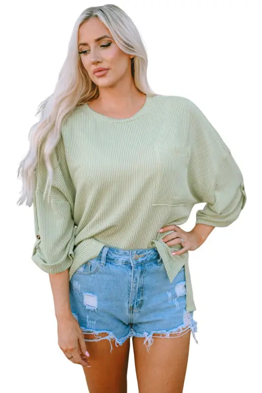 Gray ribbed roll-tab sleeve chest pocket oversize top - long tops