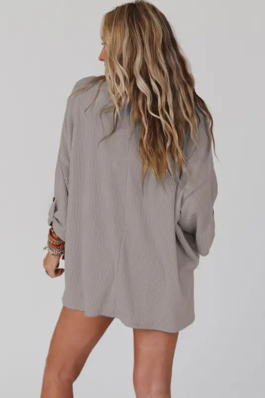 Gray ribbed roll-tab sleeve chest pocket oversize top - long tops