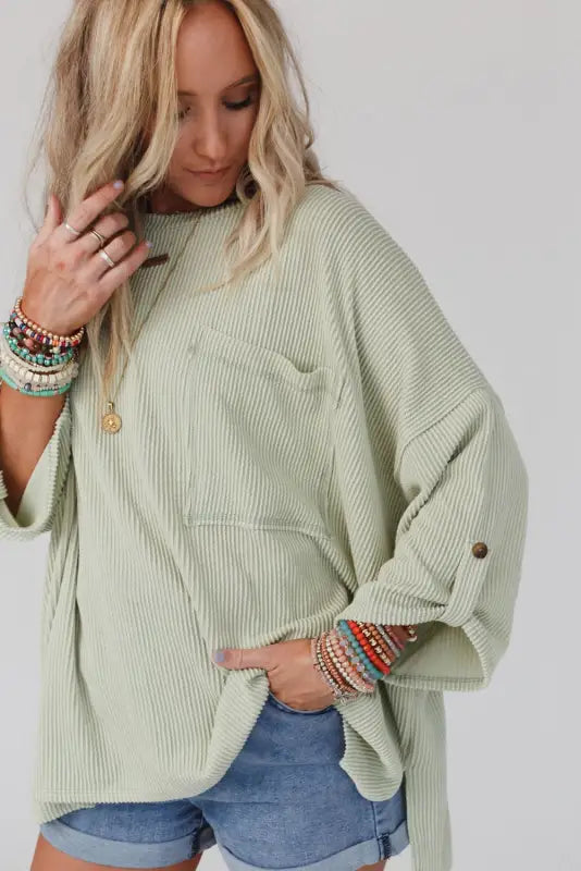 Gray ribbed roll-tab sleeve chest pocket oversize top - long tops