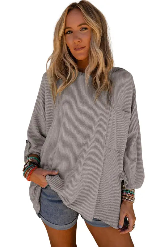 Gray ribbed roll-tab sleeve chest pocket oversize top - long tops