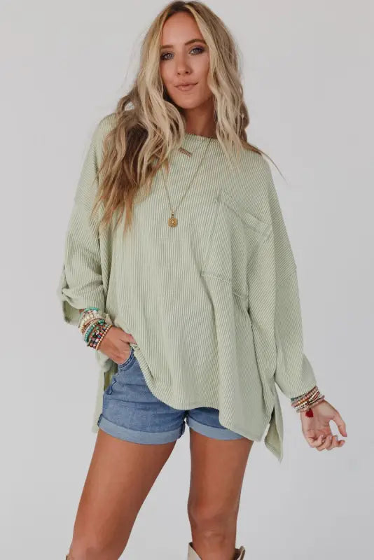 Gray ribbed roll-tab sleeve chest pocket oversize top - long tops