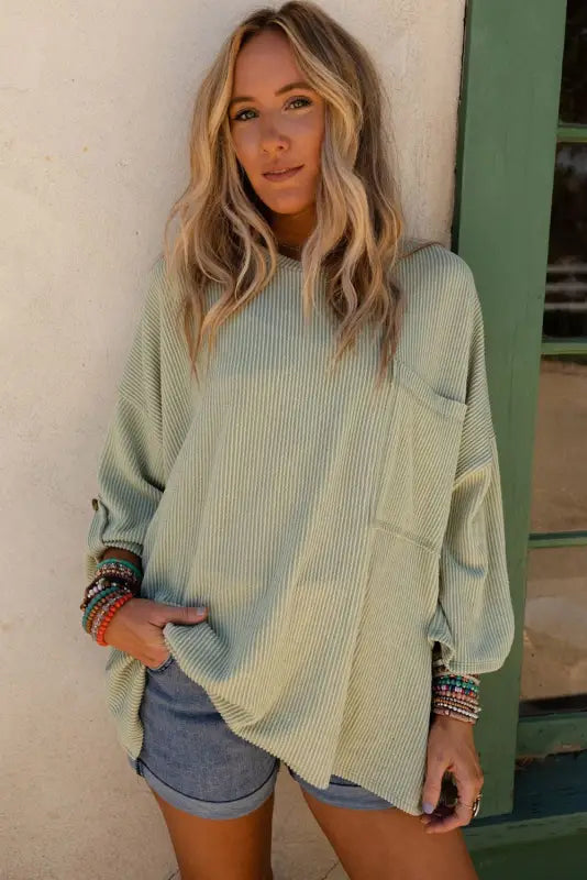 Gray ribbed roll-tab sleeve chest pocket oversize top - long tops