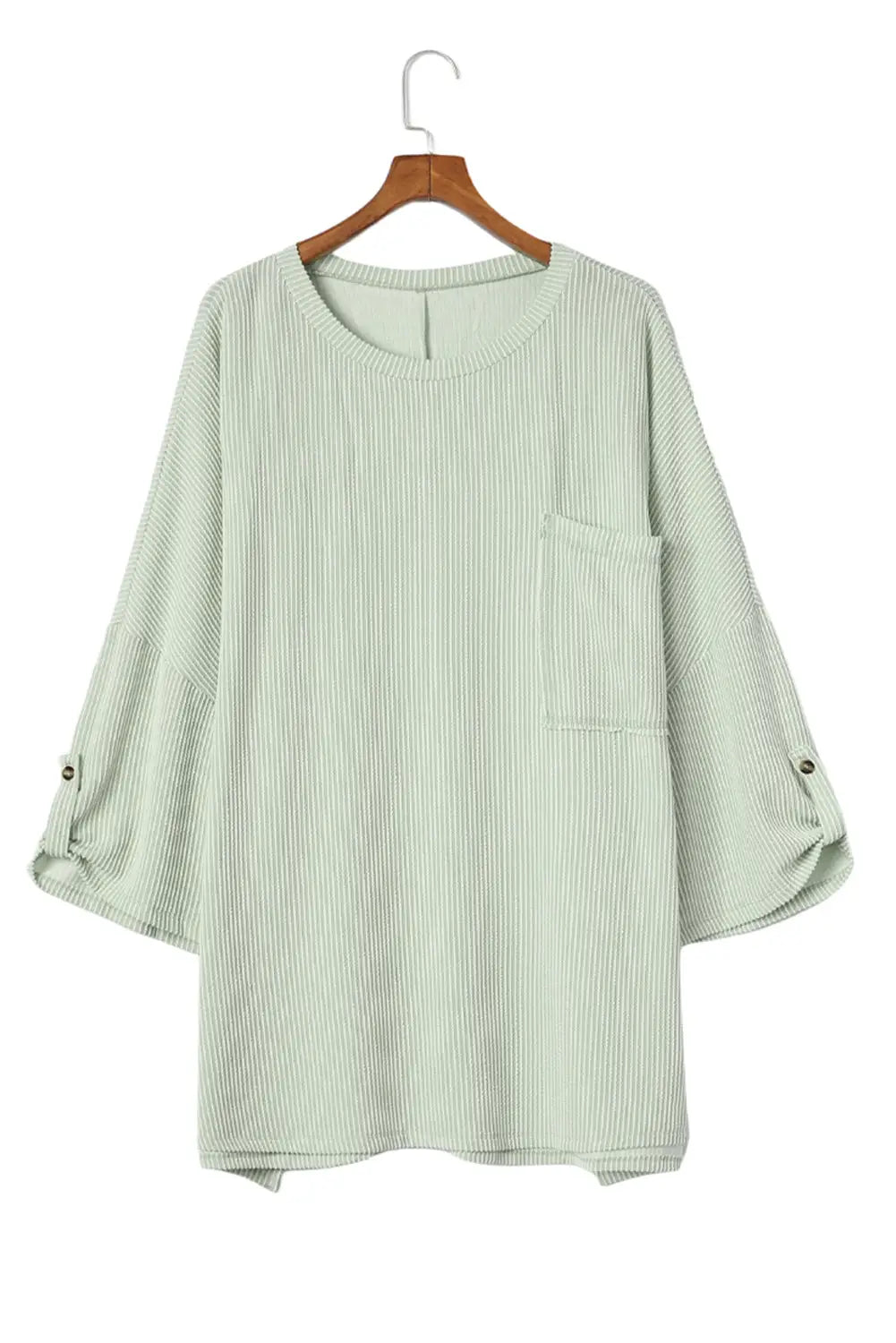 Gray ribbed roll-tab sleeve chest pocket oversize top - long tops