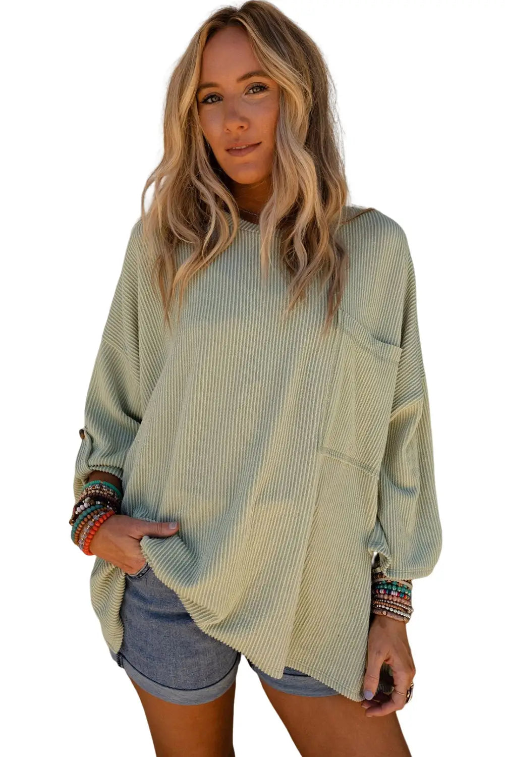 Gray ribbed roll-tab sleeve chest pocket oversize top - long tops