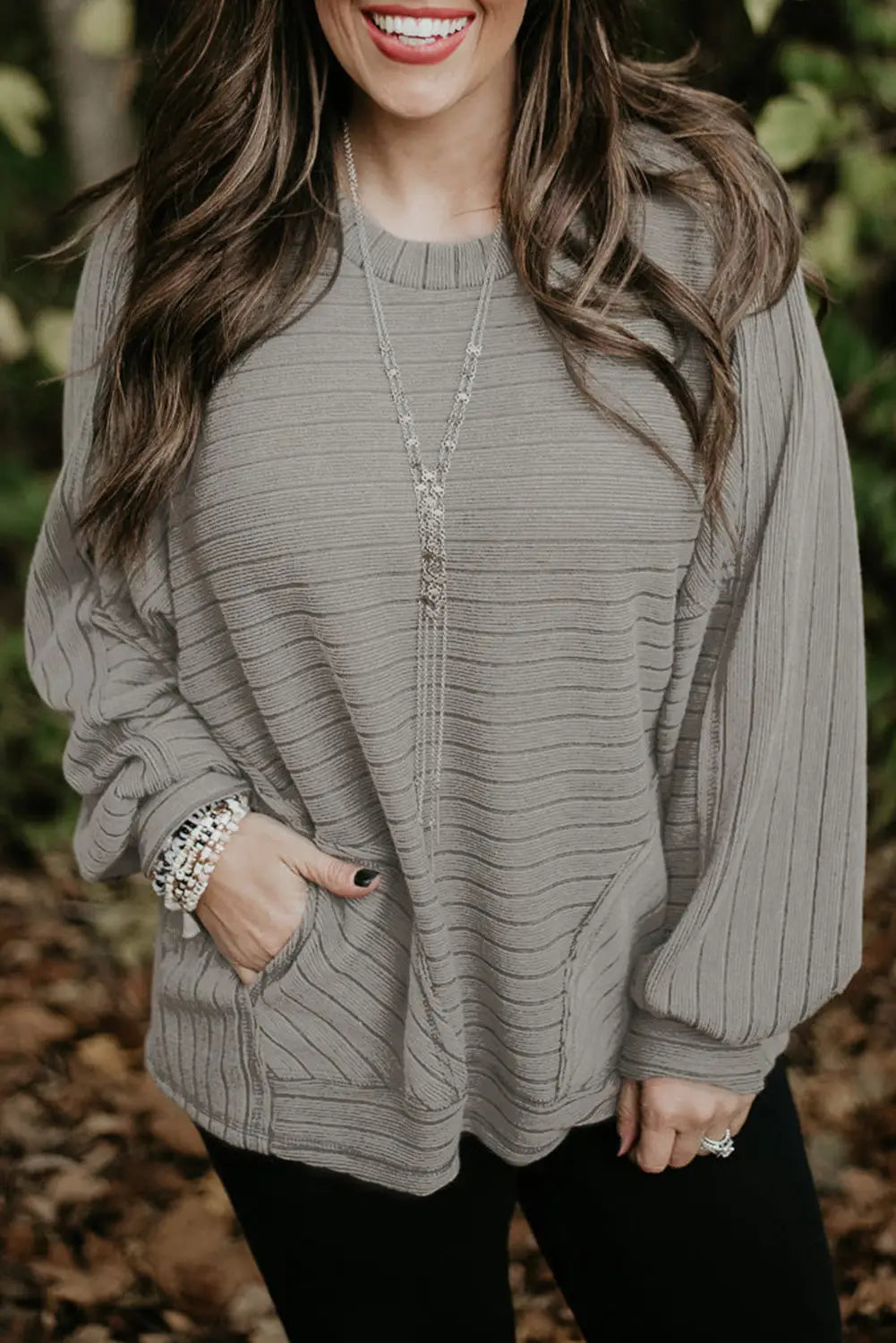 Gray ribbed side pockets long sleeve plus size top - 1x /
