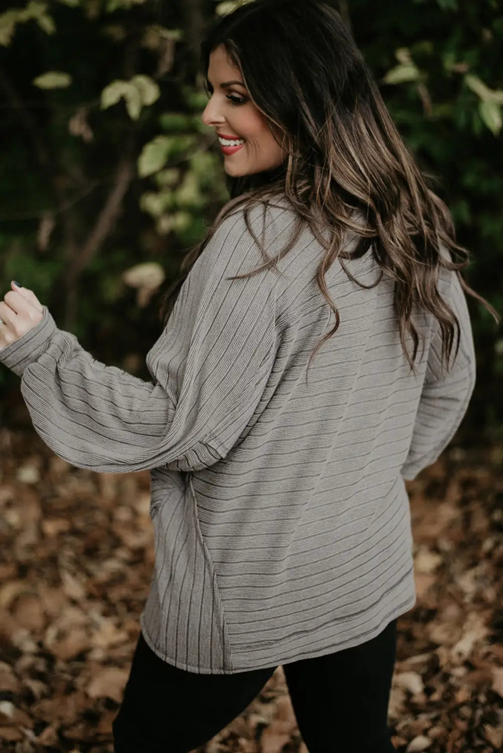 Gray ribbed side pockets long sleeve plus size top