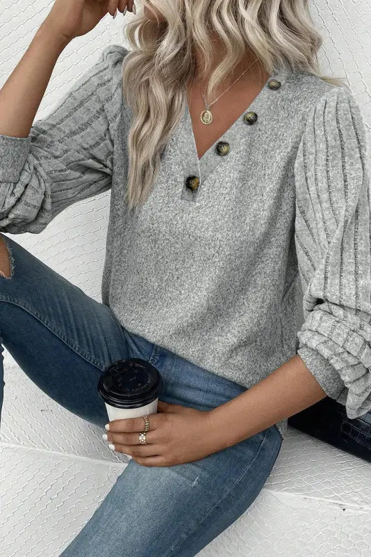 Gray ribbed splicing sleeve round neck t-shirt - tops