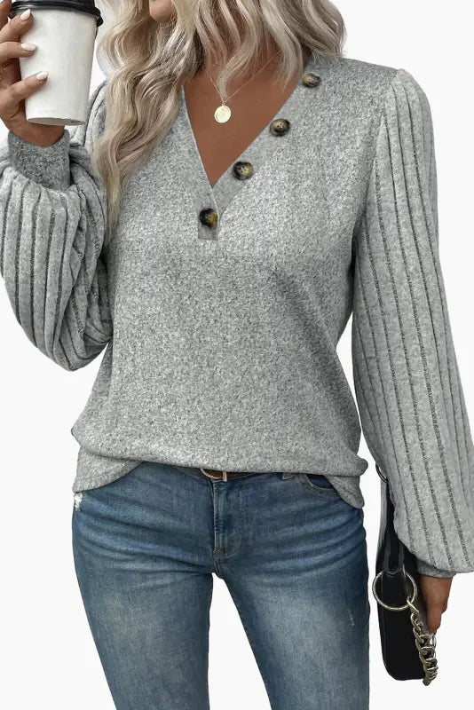 Gray ribbed splicing sleeve round neck t-shirt - tops