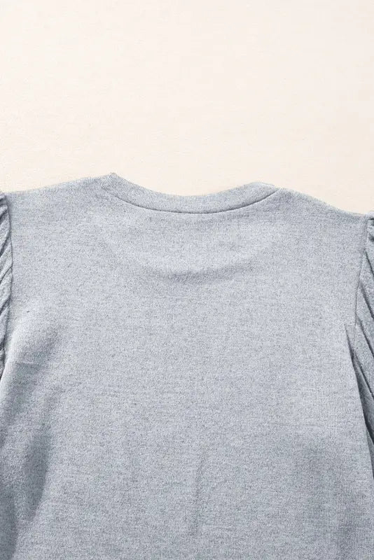 Gray ribbed splicing sleeve round neck t-shirt - tops