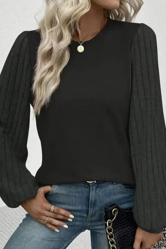Gray Ribbed Splicing Sleeve Round Neck T-shirt - Fashionfitz