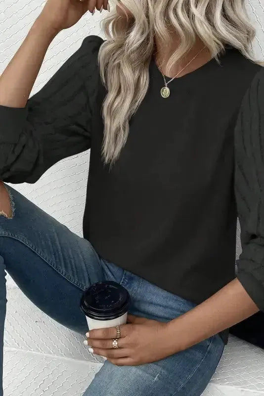 Gray Ribbed Splicing Sleeve Round Neck T-shirt - Fashionfitz