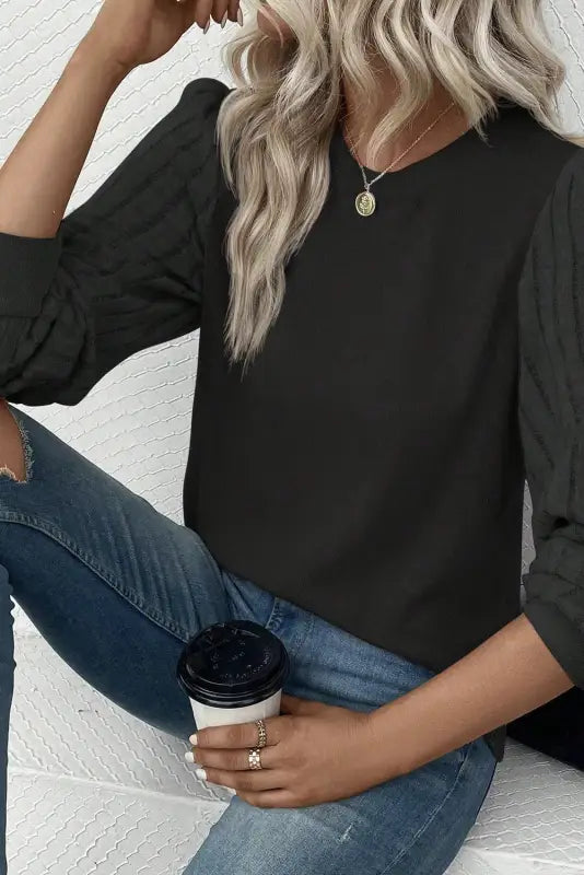 Gray ribbed splicing sleeve round neck t-shirt - tops