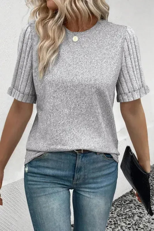 Gray Ribbed Splicing Sleeve Round Neck T-shirt - Fashionfitz