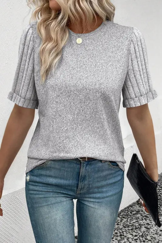 Gray ribbed splicing sleeve round neck t-shirt - tops