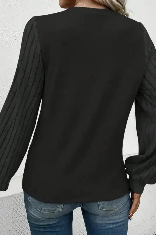 Gray Ribbed Splicing Sleeve Round Neck T-shirt - Fashionfitz