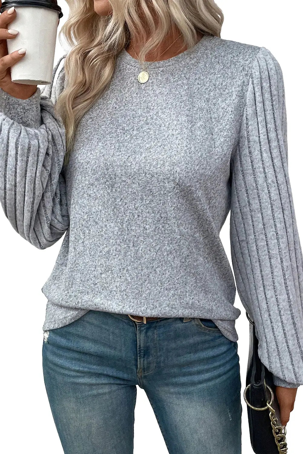 Gray ribbed splicing sleeve round neck t-shirt - tops