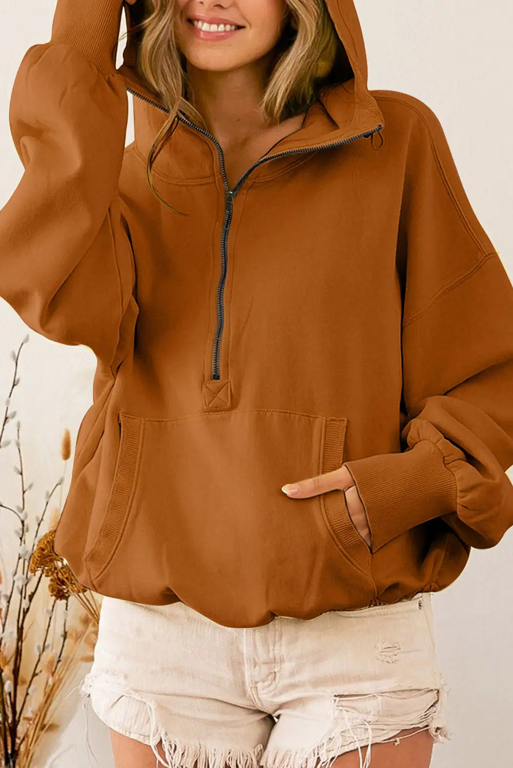 Gray ribbed trim kangaroo pocket zipped hoodie - brown-2 / s / 50% polyester + 50% cotton - sweatshirts & hoodies