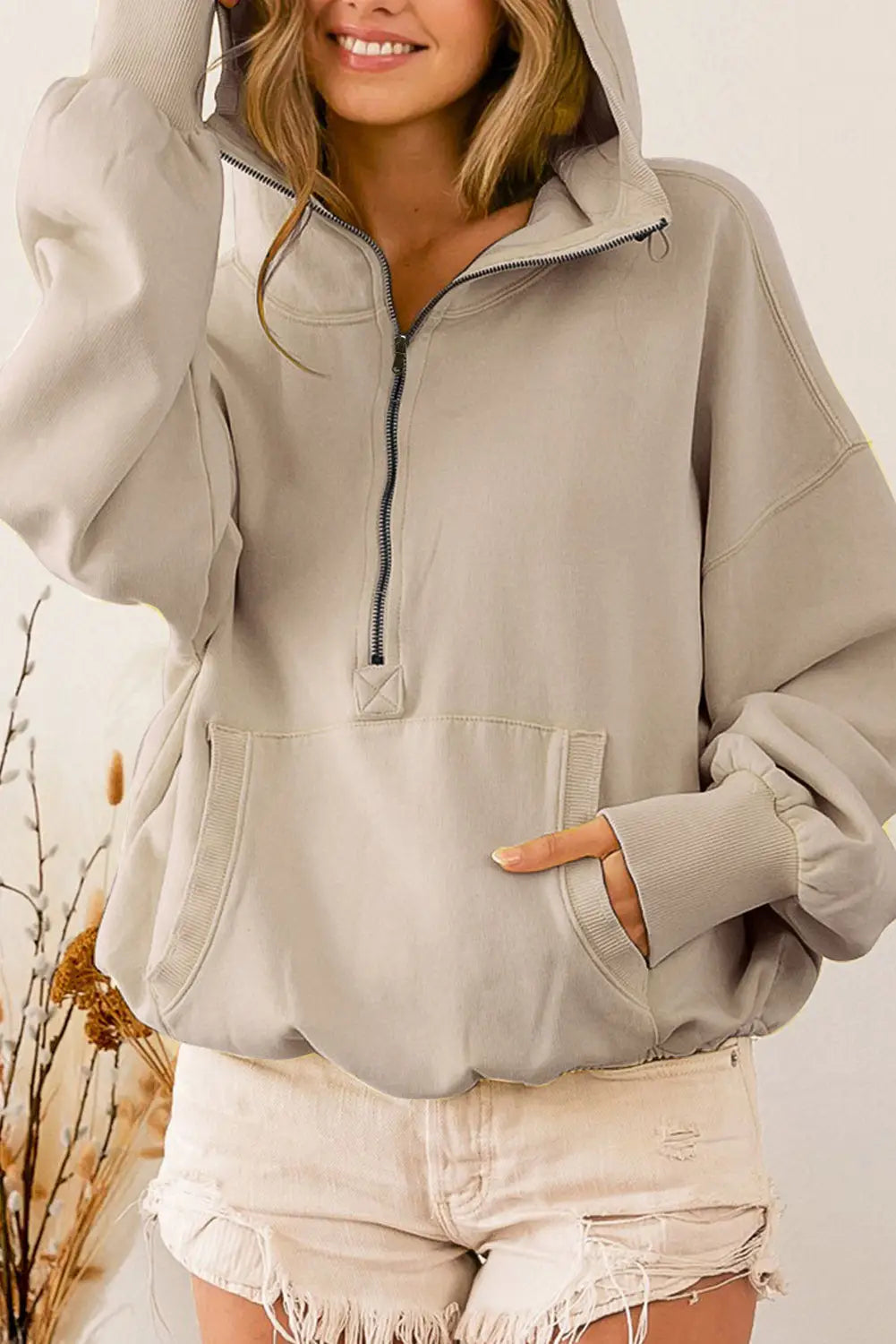 Gray ribbed trim kangaroo pocket zipped hoodie - s / 50% polyester + 50% cotton - sweatshirts & hoodies