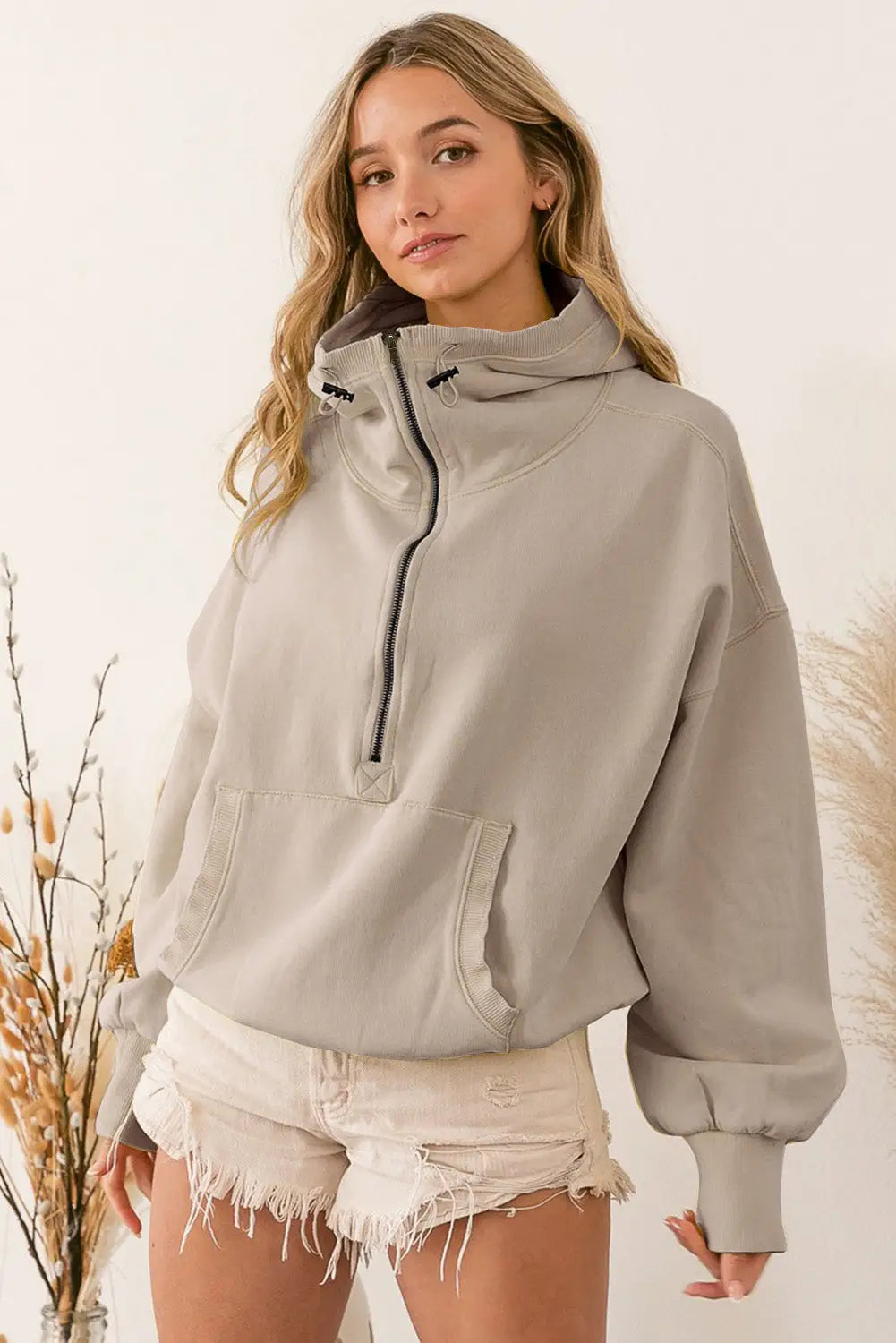Gray ribbed trim kangaroo pocket zipped hoodie - sweatshirts & hoodies