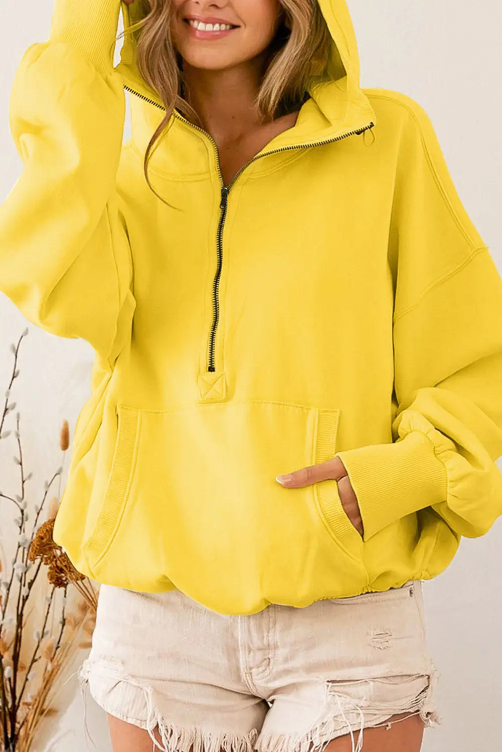 Gray ribbed trim kangaroo pocket zipped hoodie - yellow / s / 50% polyester + 50% cotton - sweatshirts & hoodies