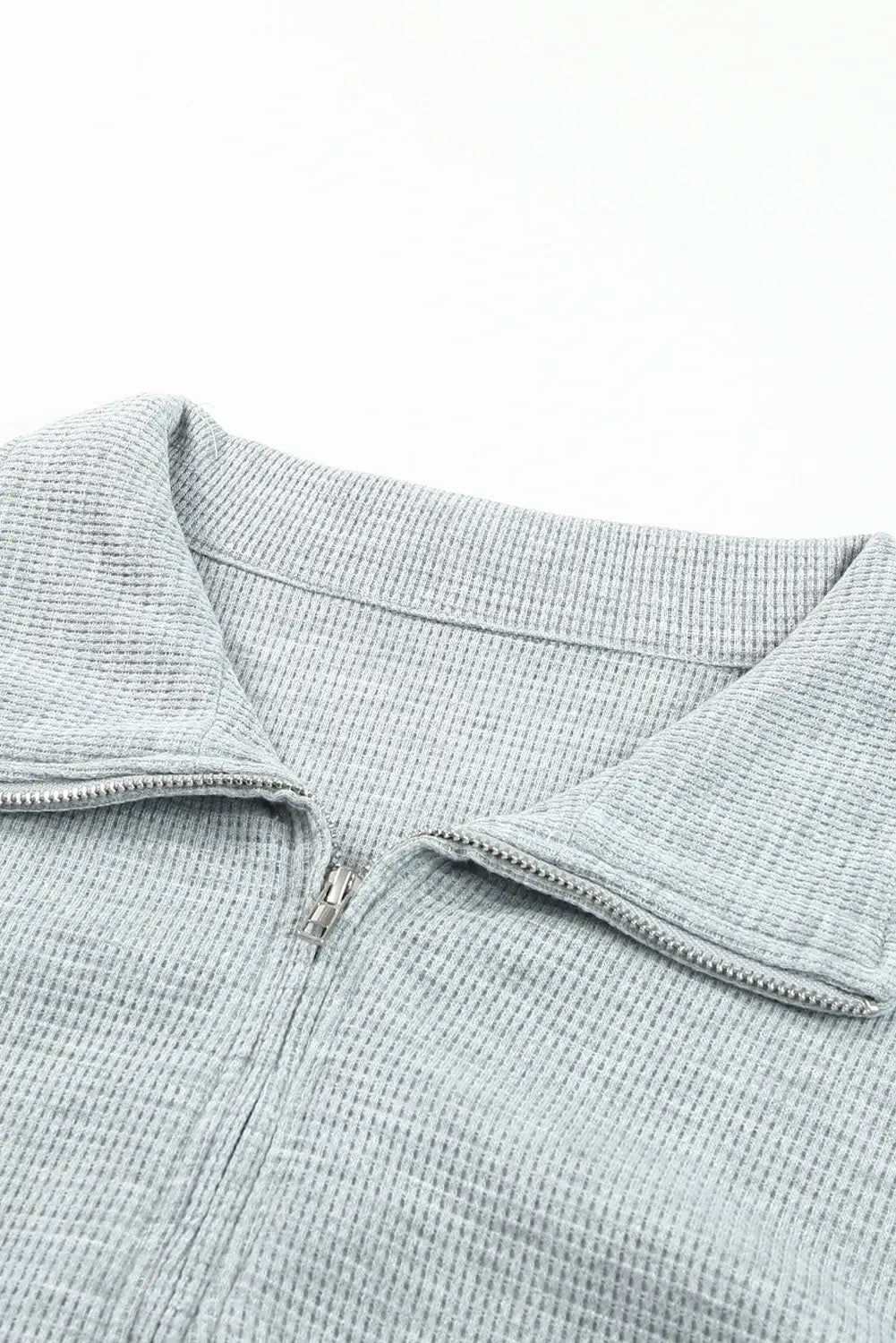 Gray ribbed zipper sweatshirt and high waist shorts set -