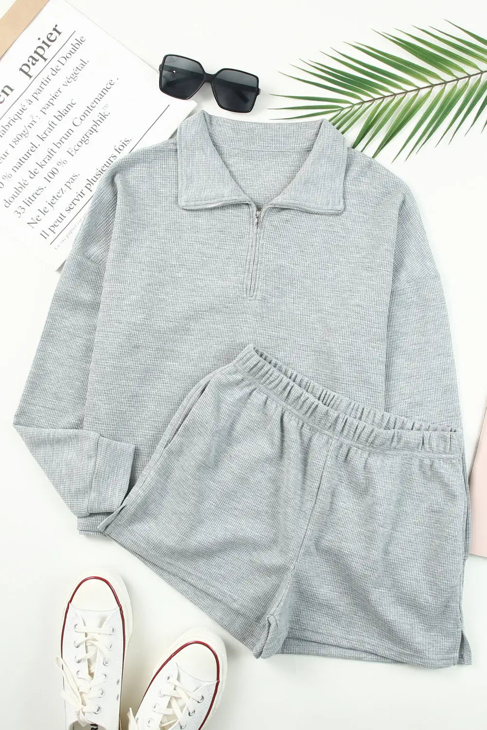 Gray ribbed zipper sweatshirt and high waist shorts set - loungewear