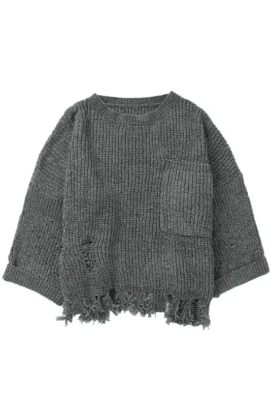 Gray ripped raw hem chunky pullover sweater - sweaters & cardigans