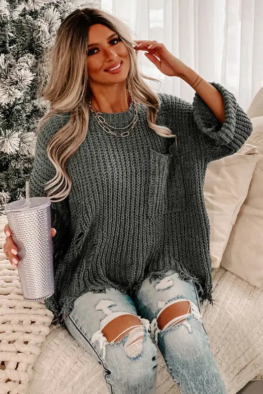 Gray ripped raw hem chunky pullover sweater - sweaters & cardigans