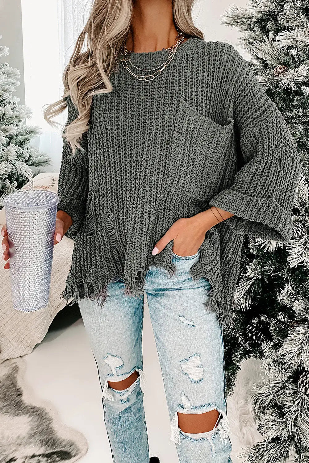 Gray ripped raw hem chunky pullover sweater - s / 100% polyester - sweaters & cardigans