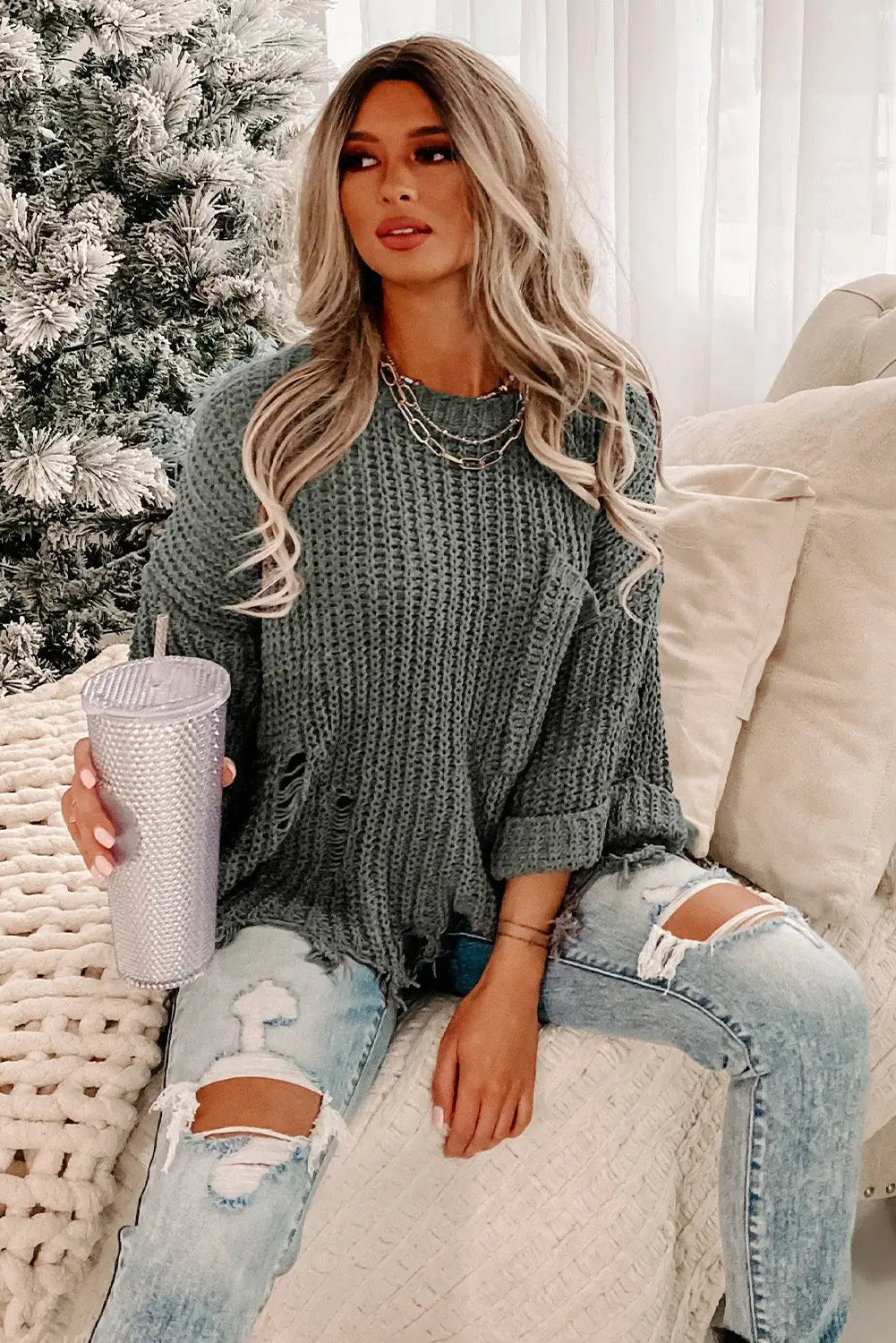 Gray ripped raw hem chunky pullover sweater - sweaters & cardigans