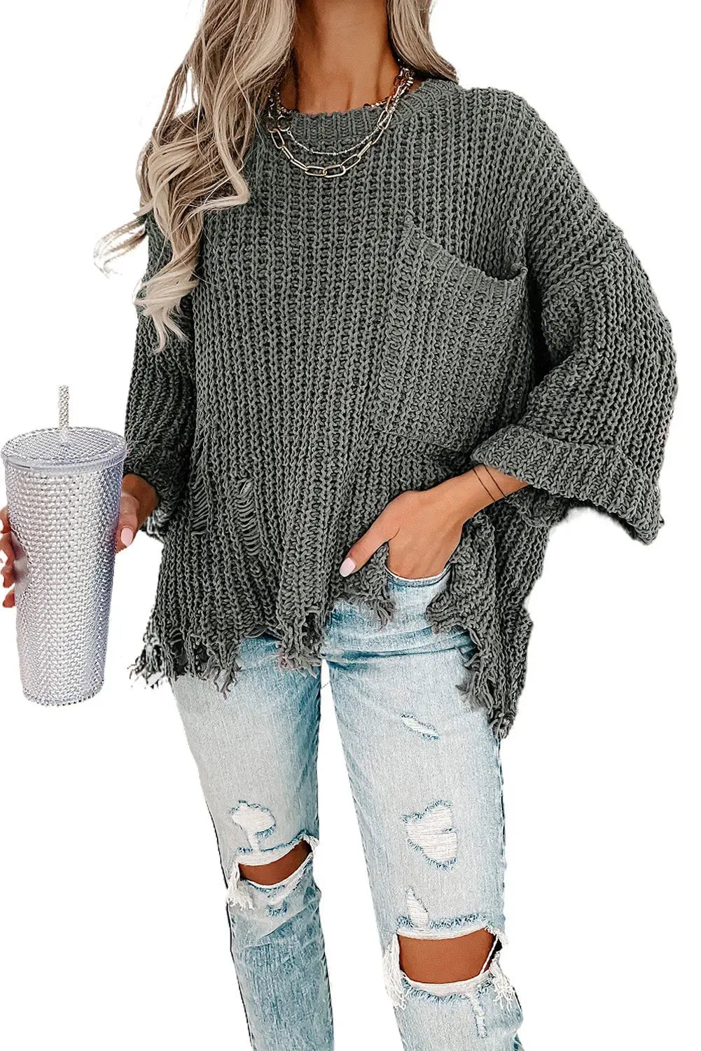 Gray ripped raw hem chunky pullover sweater - sweaters & cardigans